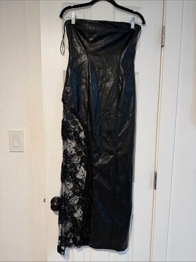 Strapless Black Faux Leather & Lace Maxi Dress